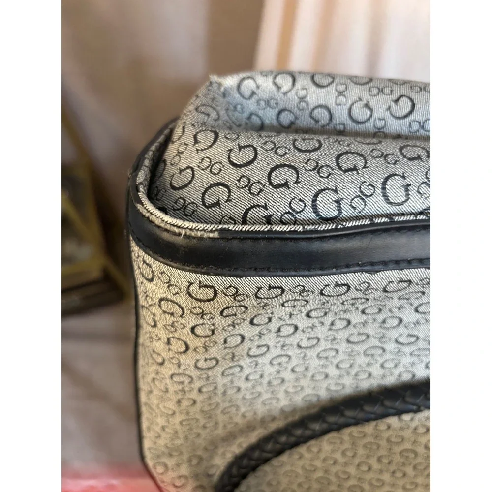 Guess Monogram Satchel Bag Grey Black Logo Print Braided Handle Purse‎